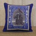 Royal blue silk cushion cover printed with a Jaipur State elephant postage stamp, 18x18 inches