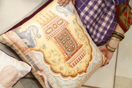 Golden blue jharokha beaded velvet cushion cover, full front view