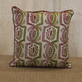 Olive green and ivory trellis print silk cushion cover with hand embroidery, 18x18 inches