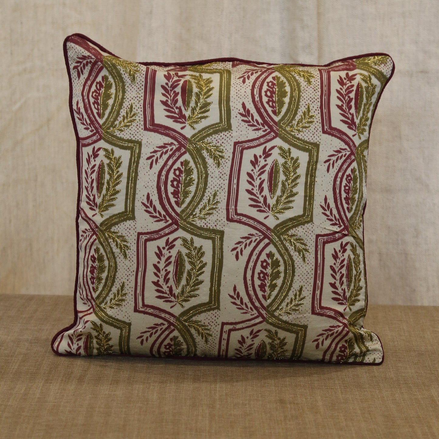Olive green and ivory trellis print silk cushion cover with hand embroidery, 18x18 inches
