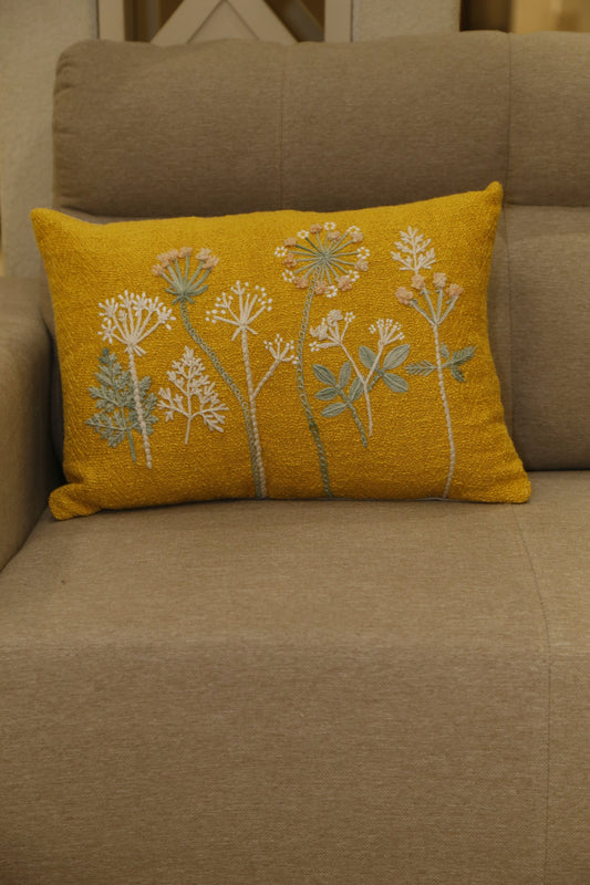 Mustard cotton slub lumbar cushion cover embroidered with cream and blue wildflowers