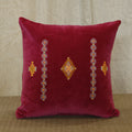 Ruby velvet cushion cover with vertical bands of traditional hand embroidery, 18x18 inches