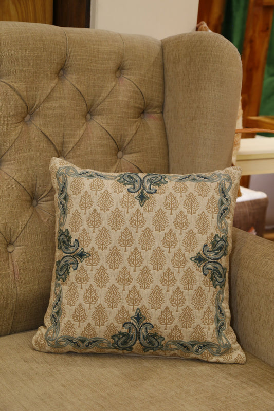 Sand cotton slub cushion cover with buta block print and teal corner embroidery, front view
