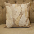 Natural cotton slub cushion cover with raised tonal cream leaf embroidery, 18x18 inches