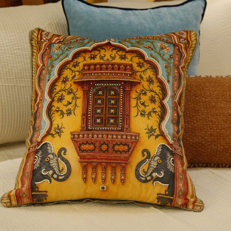 Taabiir Heritage Collection - printed velvet jharokha cushion cover with hand bead embroidery