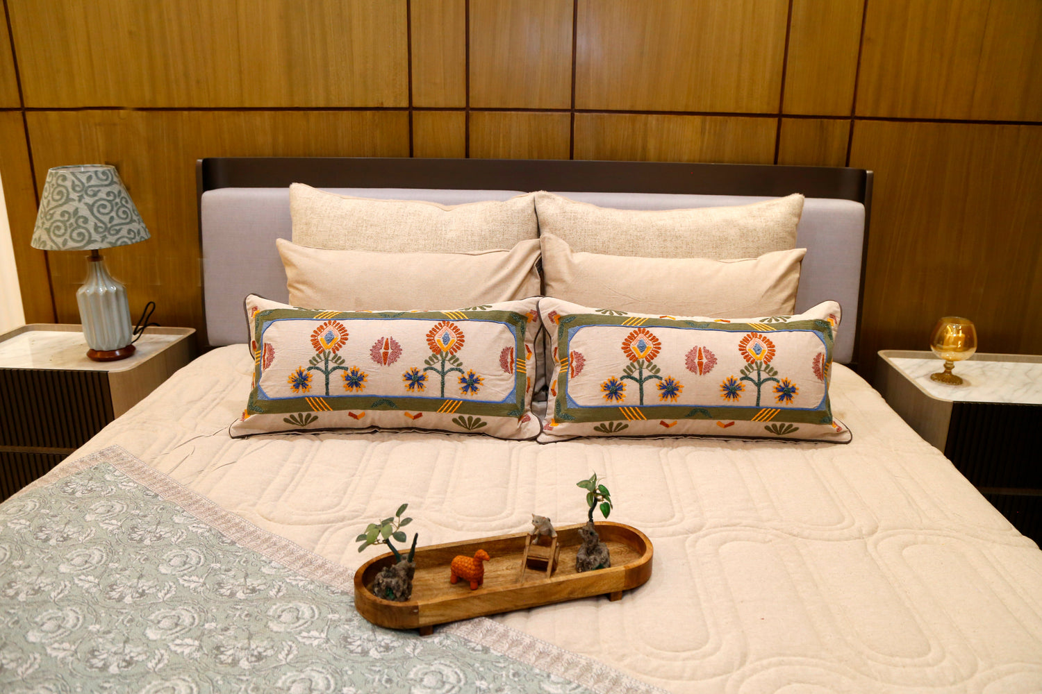 Neutral duvet styled on a bed