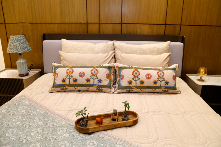 Neutral duvet styled on a bed