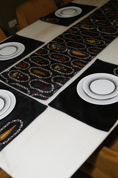 Utsav Rangmat Black Botanical Runner & Mat Set