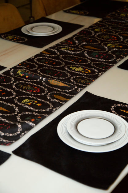 Utsav Rangmat Black Botanical Runner & Mat Set