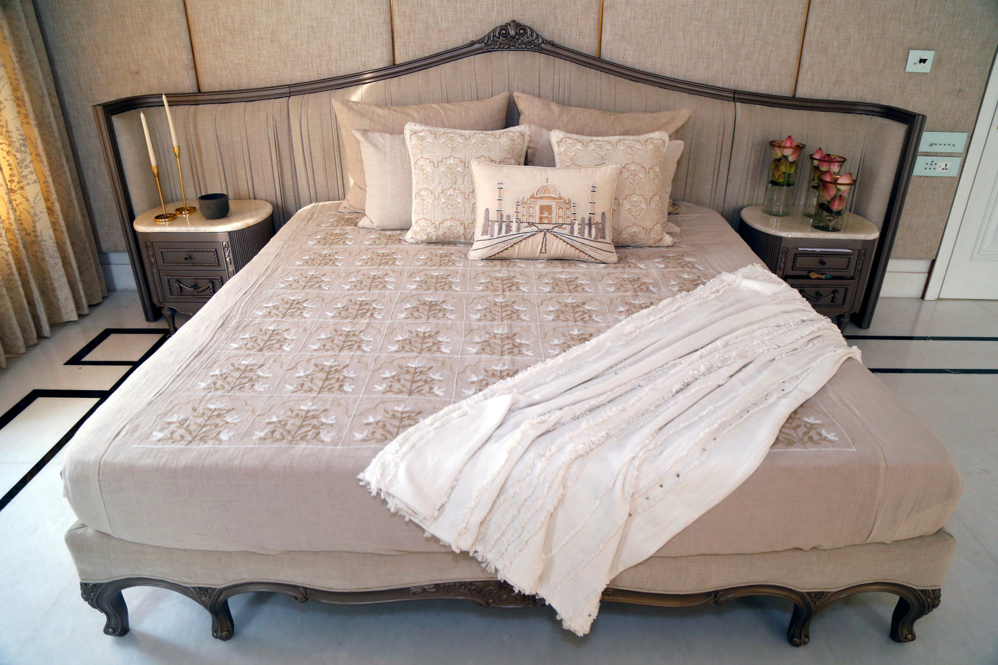 THE TAJ STORY ( PURE COTTON LINEN EMBROIDED BEDSHEET WTH TWO PILLOW COVERS  )