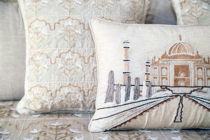The Taj Story Hand-Embroidered Ivory Cushion — 14x20"