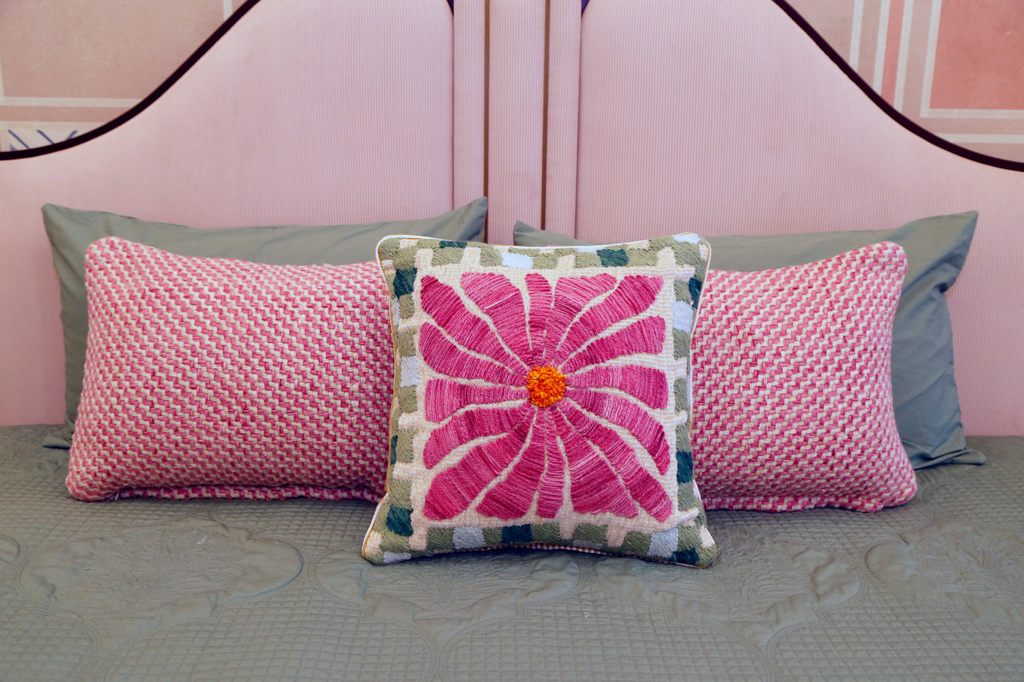 Moonlit florals ( EMBROIDED BEDCOVER WITH 2 PLAIN PILLOW COVERS )