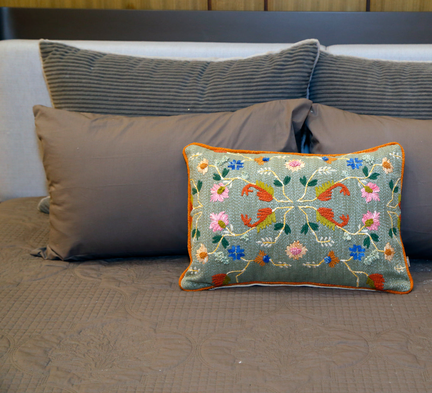 Moonlit florals ( EMBROIDED BEDCOVER WITH 2 PLAIN PILLOW COVERS )