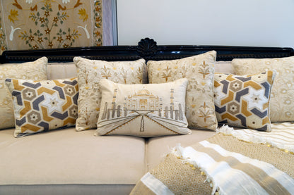 The Taj Story Hand-Embroidered Ivory Cushion — 14x20"
