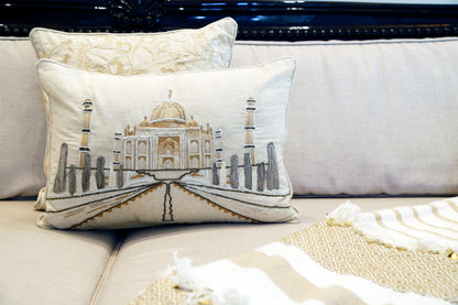 The Taj Story Hand-Embroidered Ivory Cushion — 14x20"