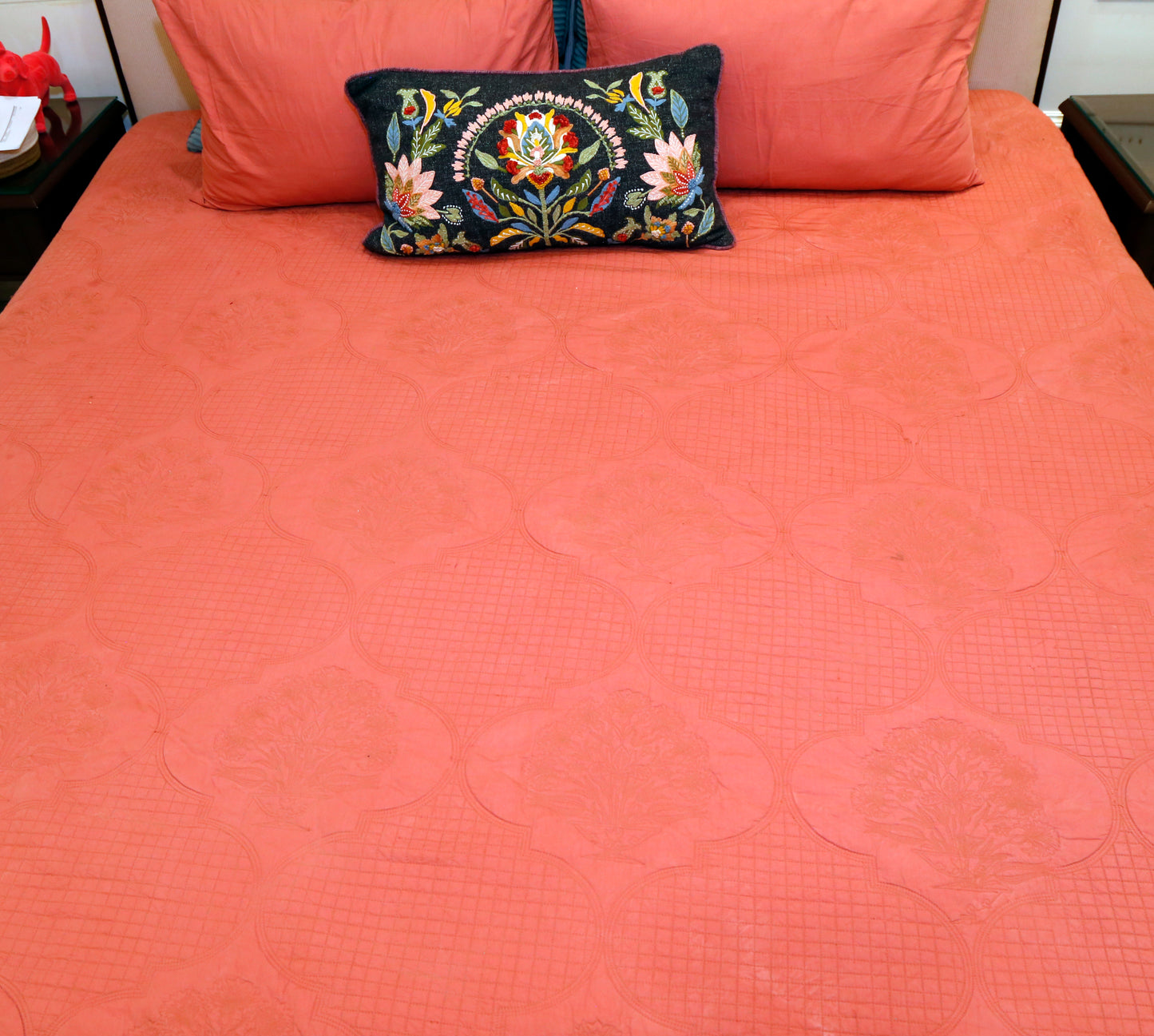 Moonlit florals ( EMBROIDED BEDCOVER WITH 2 PLAIN PILLOW COVERS )