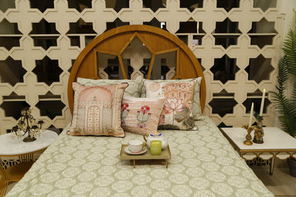 Sage block print bedding set, wider room view with a styled tea tray