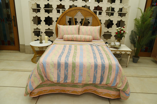 Pastel striped floral bedcover and quilt cover set with pillow covers and bolster