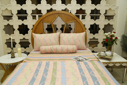 Close view of the pastel stripe floral garland print