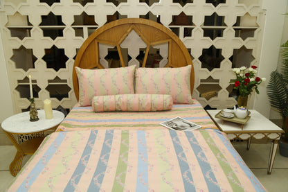 Pastel striped floral bedcover and quilt cover set with pillow covers and bolster