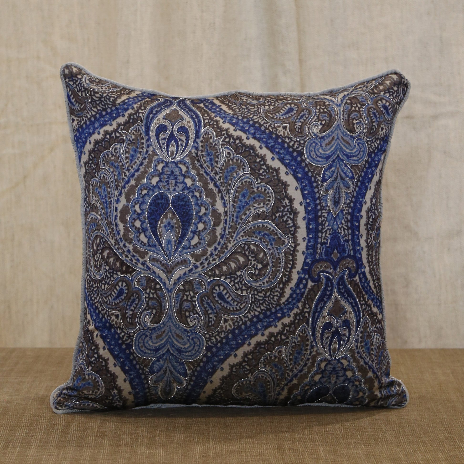 Silver blue paisley printed silk cushion cover with hand embroidery, 18x18 inches