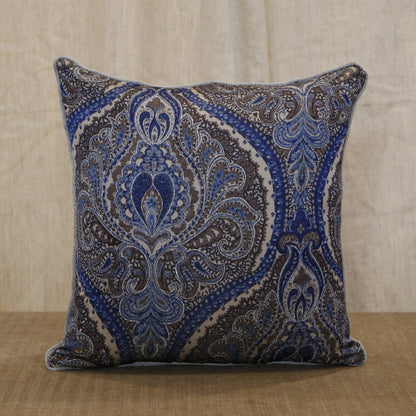 Silver blue paisley printed silk cushion cover with hand embroidery, 18x18 inches