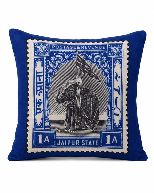 Royal Blue Jaipur Elephant Stamp cushion cover, front view on white