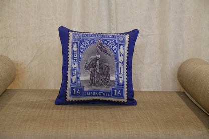 Royal blue Jaipur elephant stamp cushion cover, angled view showing scalloped lace trim