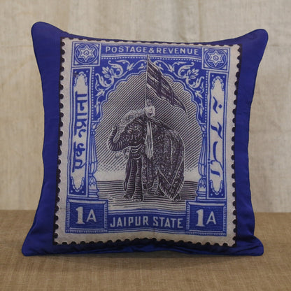 Royal blue silk cushion cover printed with a Jaipur State elephant postage stamp, 18x18 inches