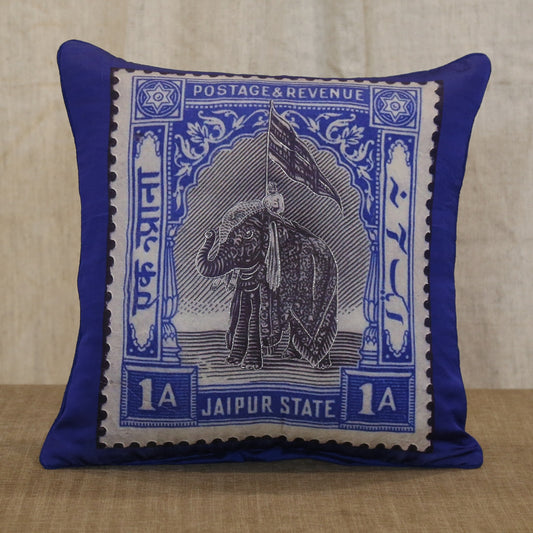 Royal blue silk cushion cover printed with a Jaipur State elephant postage stamp, 18x18 inches