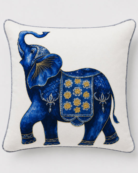 Into the Blue Elephant cushion cover, front view on white