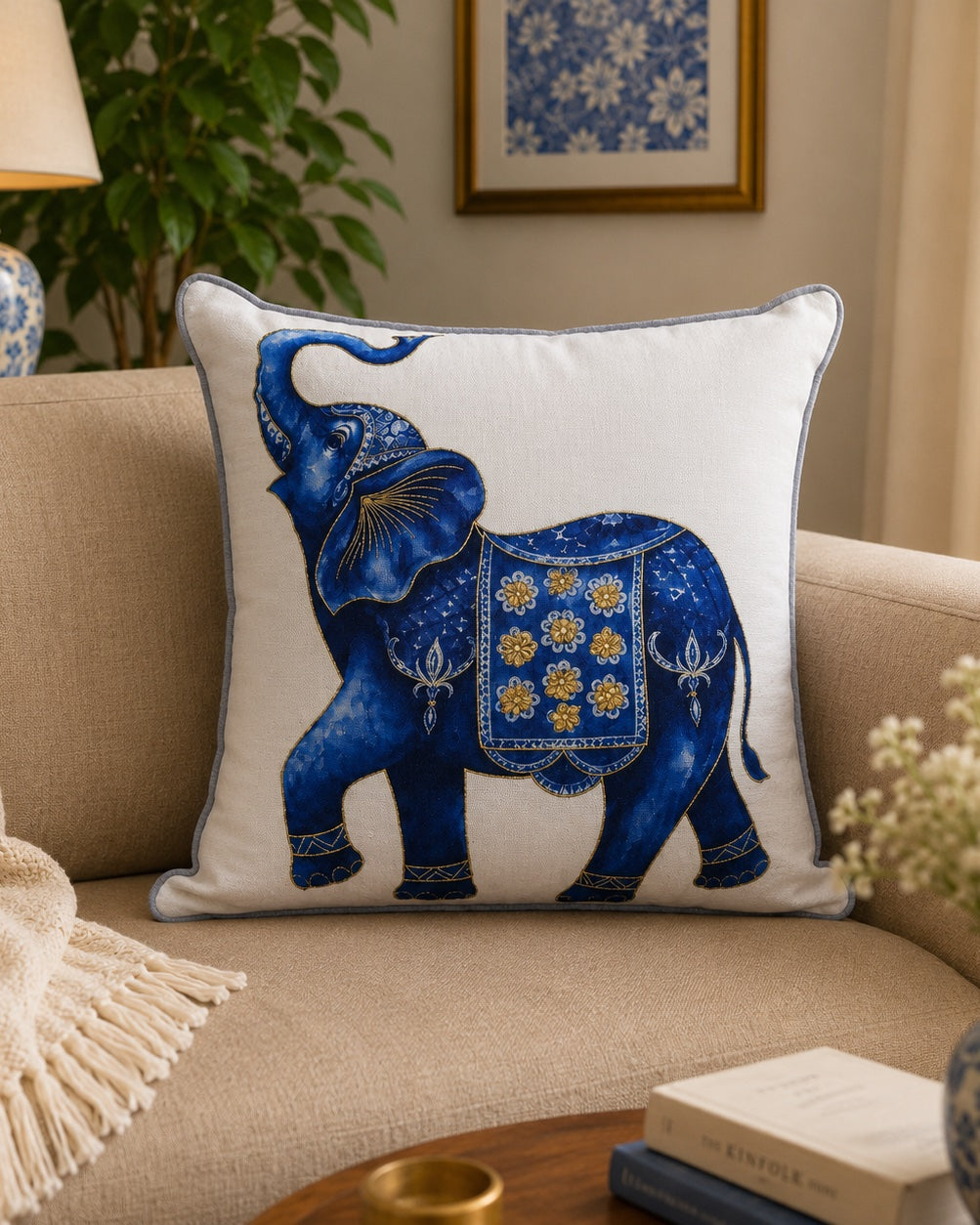 Into the Blue Elephant cushion styled on a sofa with a throw and blue and white ceramics