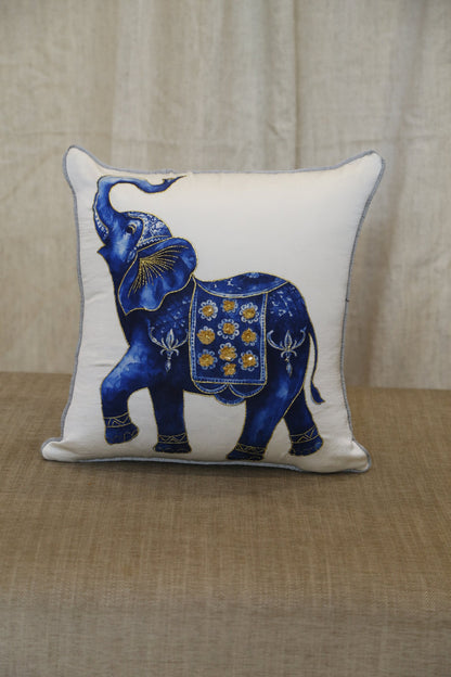 Into the Blue elephant cushion cover showing the gold caparison detail