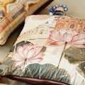 Printed velvet cushion cover with lotus and palace motif and hand bead embroidery, 18x18 inches