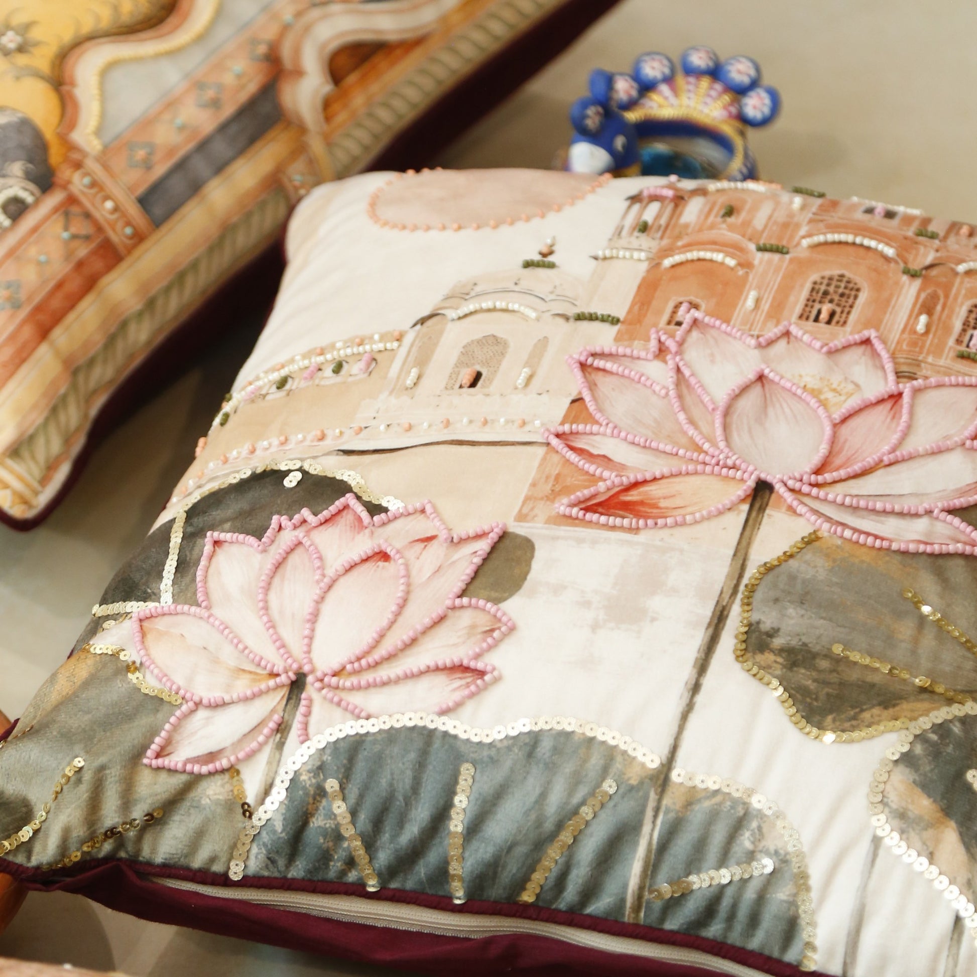 Printed velvet cushion cover with lotus and palace motif and hand bead embroidery, 18x18 inches