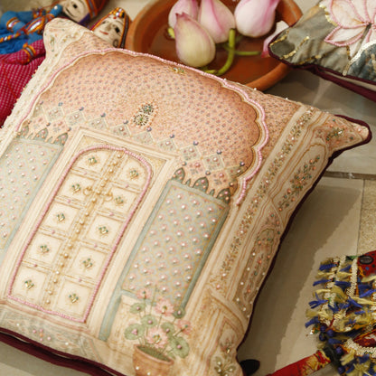 Blush pink printed velvet cushion cover with jharokha window motif and bead embroidery, 18x18 inches