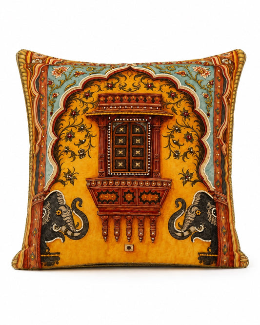 Royal Jharokha beaded velvet cushion cover, front view on white