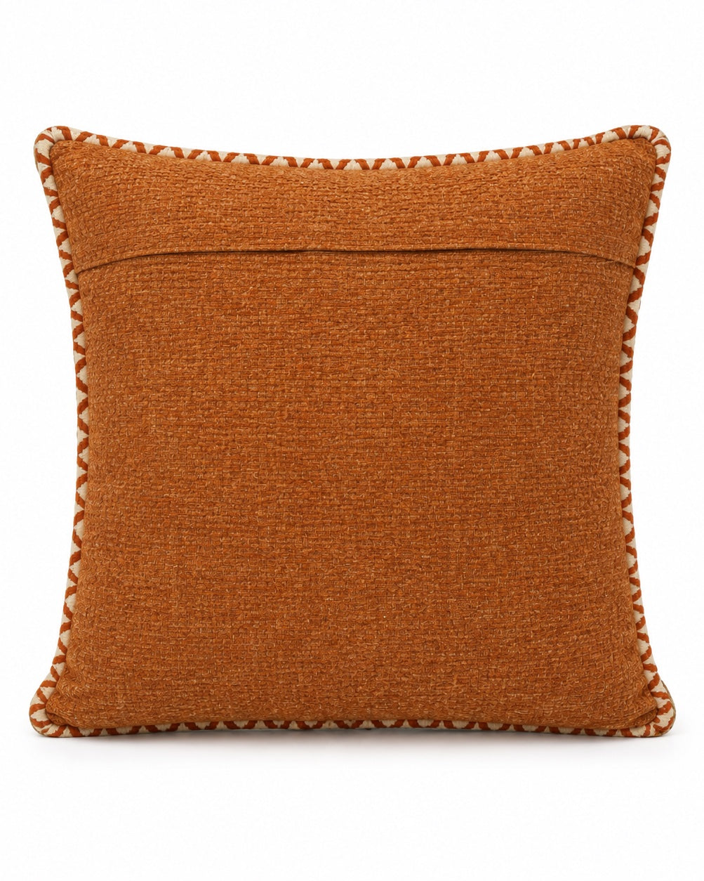Royal Jharokha cushion cover, reverse showing rust chenille back with whip-stitch trim
