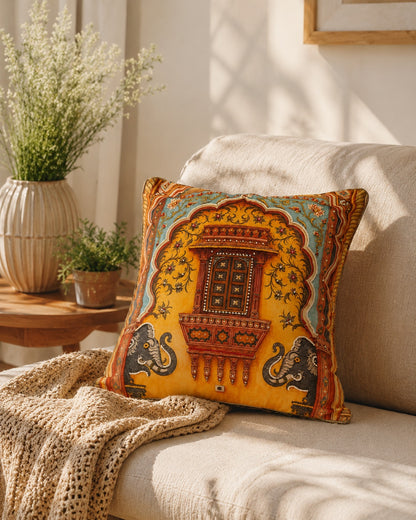 Royal Jharokha cushion on a linen armchair in afternoon light