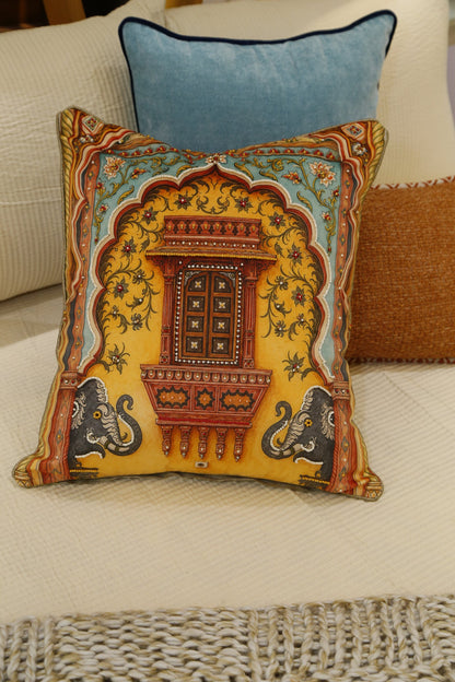 Mustard printed velvet cushion cover with jharokha window and guardian elephants, front view