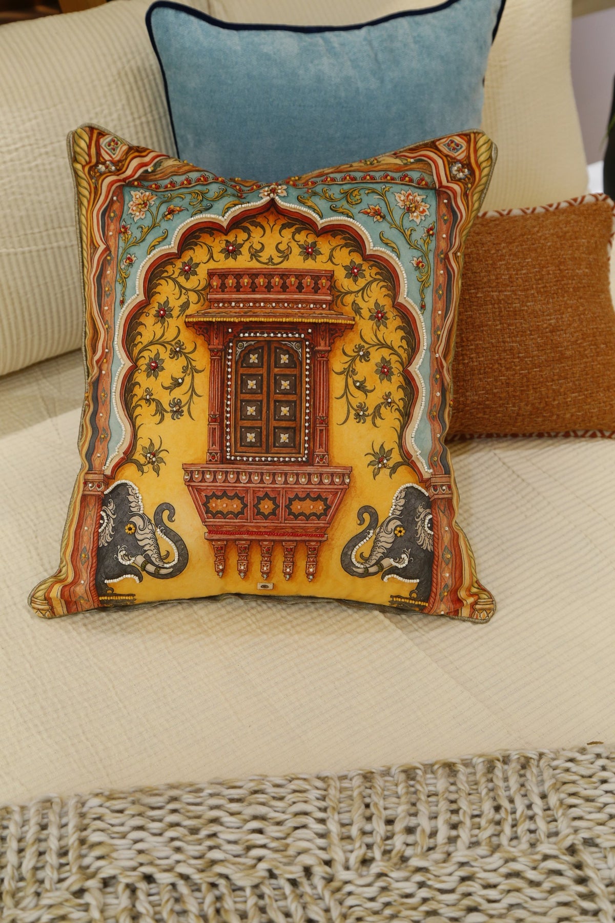 Royal Jharokha cushion cover angled, showing bead embroidery and piping