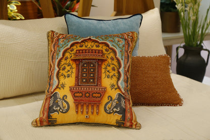 Royal Jharokha cushion cover styled on an ivory bed with a rust bolster