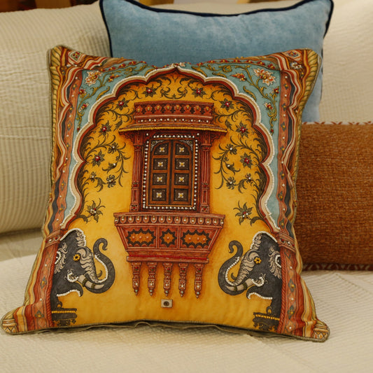 Mustard printed velvet cushion cover with jharokha window and guardian elephants, bead embroidery, 18x18 inches