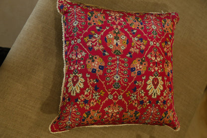 Ruby red floral millefleur printed silk cushion cover, front view