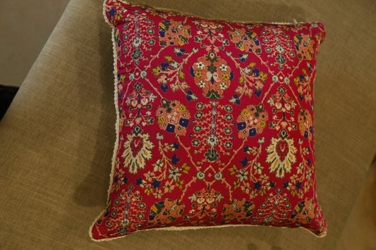 Ruby red floral millefleur printed silk cushion cover, front view