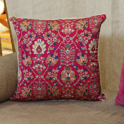 Ruby red printed silk cushion cover with dense floral millefleur pattern and hand embroidery, 18x18 inches