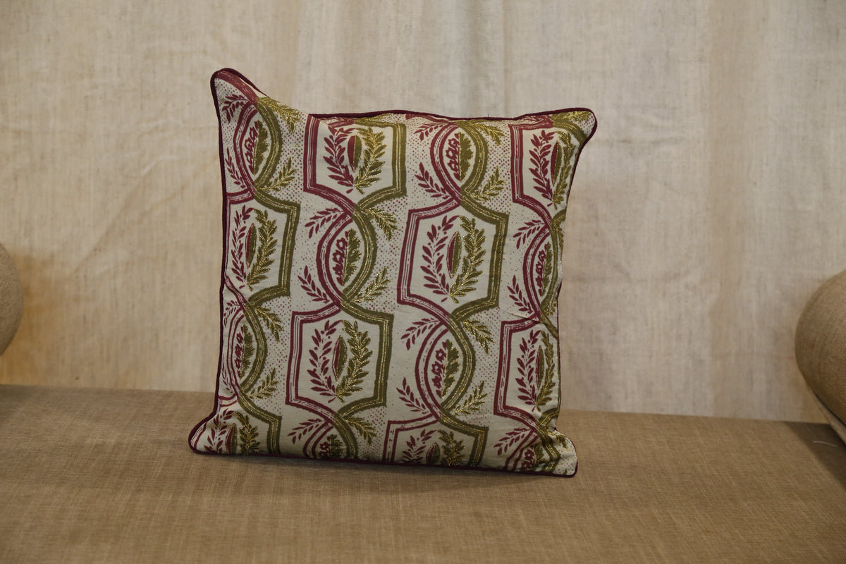 Olive green and ivory trellis print silk cushion cover, front view