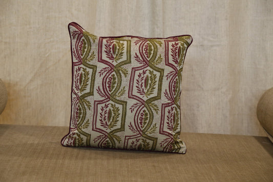 Olive green and ivory trellis print silk cushion cover, front view