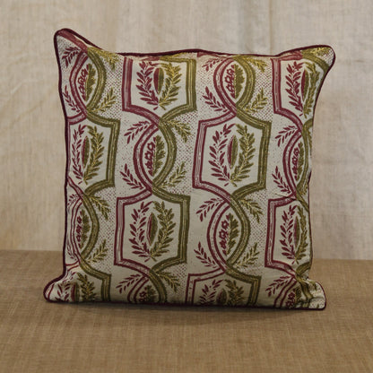 Olive green and ivory trellis print silk cushion cover with hand embroidery, 18x18 inches