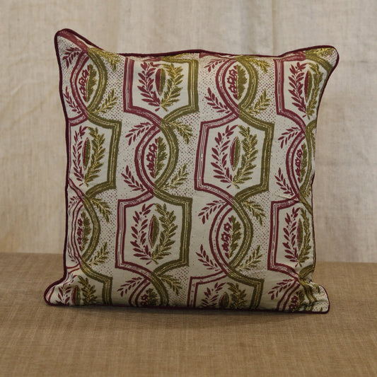Olive green and ivory trellis print silk cushion cover with hand embroidery, 18x18 inches
